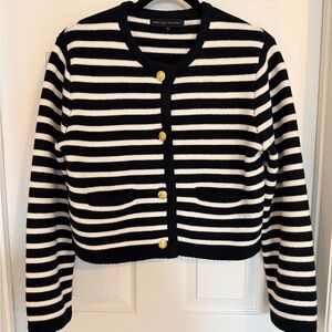 Black & white striped sweater cardigan lady jacket medium brass buttons
